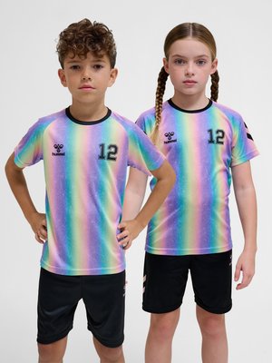 Two children standing side by side wearing matching rainbow-striped sports jerseys with number 12 and black shorts.