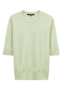 Blouse tricotée vert clair avec un col rond et des manches courtes. Présente des accents côtelés au niveau de l'ourlet et des poignets. Texture douce et coupe décontractée.