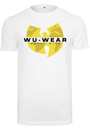 Weißes Baumwoll-T-Shirt mit einem gelben und schwarzen Grafiklogo, das ein Globus-Muster zeigt, und dem Text "WU-WEAR WORLD WIDE" in fettgedruckter Schrift.