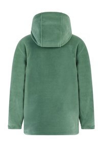 Giacca in pile verde con cappuccio, caratterizzata da una texture morbida e una vestibilità rilassata. Dettagli delle cuciture sul retro e maniche lunghe.