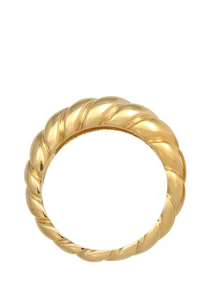 Cirkulært guld ring med en snoet, reb-lignende tekstur og en glat, poleret finish på en hvid baggrund.