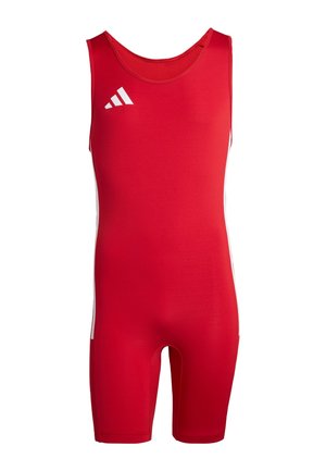 Combinaison athlétique rouge sans manches avec logo Adidas blanc sur la poitrine et bandes blanches sur les côtés, conçue pour un ajustement près du corps et une grande mobilité.