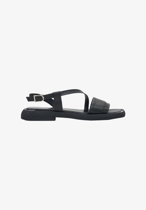 Sandale en cuir noir à bout ouvert, avec des brides croisées et un design à boucle. La semelle texturée offre de l'adhérence et de la stabilité.