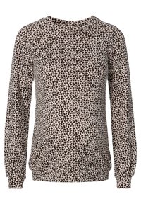 Top a maniche lunghe con motivo in beige e forme astratte nere, scollatura a girocollo e polsini elasticizzati sulle maniche e sull'orlo. Tessuto morbido e leggero.