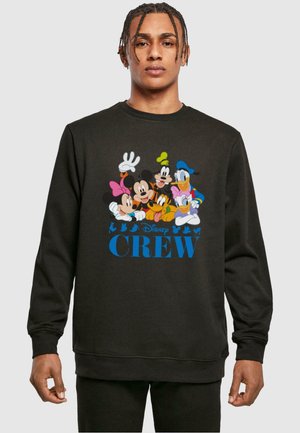 Black crew sweatshirt featuring a colorful Disney character graphic, including Mickey and friends, with blue "CREW" lettering below.