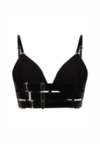 Reggiseno nero con coppe triangolari, ampie spalline elastiche e decorazioni in metallo dorato. Texture liscia con design a tinta unita e spalline regolabili.