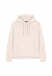 Hooded sweatshirt in soft cream fabric, featuring a front kangaroo pocket, ribbed cuffs, and hem, with drawstrings at the neckline.