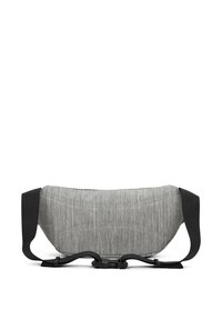 Borsa a tracolla grigia in tessuto con finitura testurizzata, forma curva, cinturino regolabile nero e chiusura a fibbia nera.