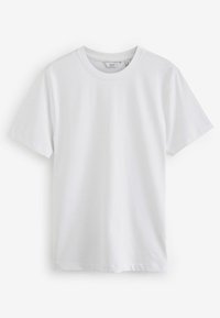 Weißes Baumwoll-T-Shirt mit klassischem Rundhalsausschnitt, kurzen Ärmeln und geradem Saum. Glatte Textur ohne Muster oder Verzierungen.