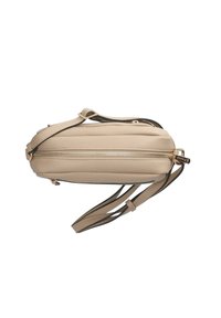 Beige leather crossbody bag with a textured finish, dual zip closure, and slim adjustable straps. Features gold-tone hardware and stitching accents.