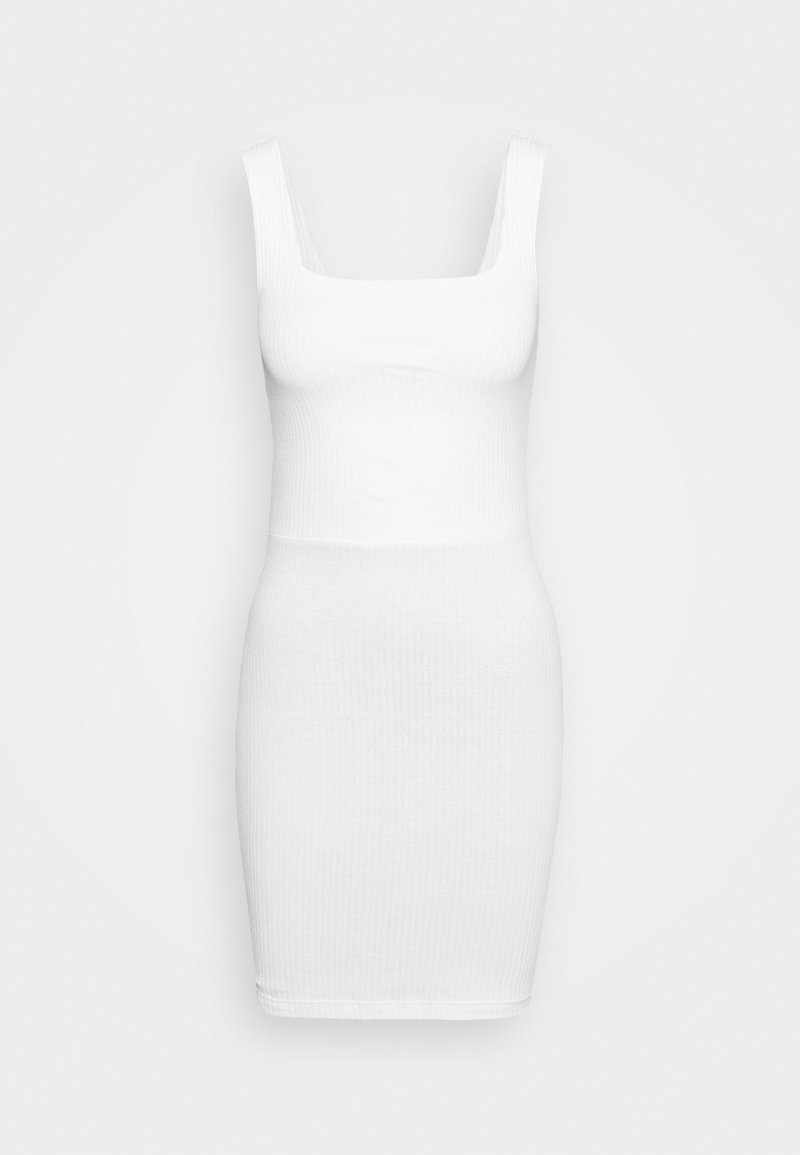 White ribbed bodycon dress with a square neckline and narrow shoulder straps, featuring a fitted silhouette and smooth texture.