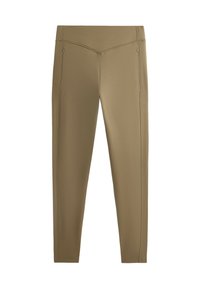 Slim fit, olajzöld magas derekú nadrág, elülső cipzáras zsebekkel és varrás részletekkel a lábak mentén.