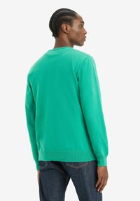 Suéter verde de cuello redondo hecho de una tela suave, con mangas largas y dobladillo acanalado. Mostrado desde la parte de atrás, con un corte ajustado.