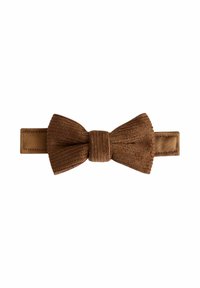 Brown corduroy bow tie with a textured surface. Features a central knot and an adjustable strap for secure fit.