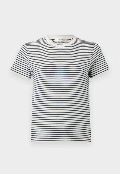 Tricou cu dungi alb și bleumarin, cu mâneci scurte și decolteu rotund. Prezintă dungi orizontale de lățimi variate. Material moale din bumbac.