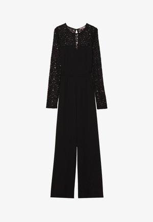 Tutina nera con maniche lunghe in pizzo, scollatura a goccia e design a gamba ampia. Realizzata in un morbido tessuto testurizzato.