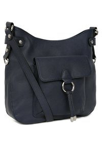 Borsa a tracolla in pelle blu navy con tasca frontale, dettaglio in metallo circolare, tracolla regolabile e texture liscia. Design compatto con accenti sottili.