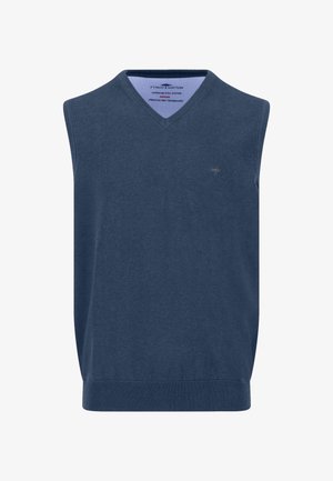 Tengerészkék ujjatlan kötött pulóver V-nyakkal. Pamutból készült, bordázott szegéllyel és egy kis hímzett logóval a mellkason.