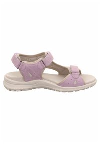 Lila Leder-Sandale mit verstellbaren Riemen, offener Zehenpartie, gepolsterter Sohle und strukturierten Akzenten. Leichtgewichtig mit einer flexiblen Sohle.