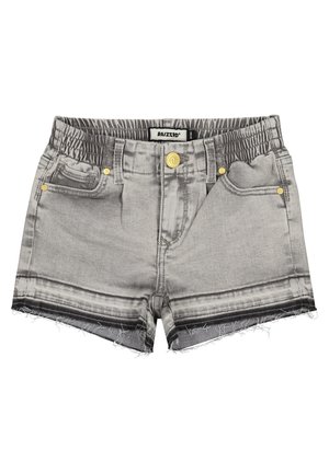 Short en denim gris avec taille élastique, ourlets effilochés, bouton et rivets dorés, poches avant et détails délavés.
