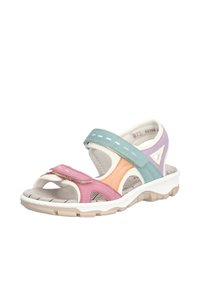 Sandale multicolore avec une semelle intérieure douce et rembourrée. Fabriquée en matériaux synthétiques, elle dispose de sangles réglables en rose, bleu et orange.