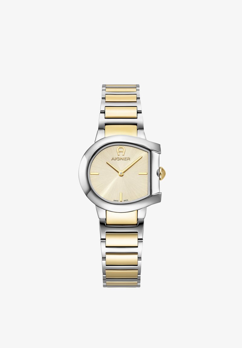 Montre en acier inoxydable bicolore or et argent avec un boîtier ovale, un cadran texturé doré et un bracelet assorti bicolore. Fabriquée en Suisse.