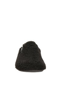 Zwarte slipper met een gestructureerde, fuzzy buitenkant en een lage profiel. Heeft een ronde neus en een zachte tussenzool voor comfort.
