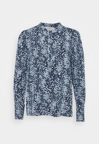 Mörkblå långärmad skjorta med ett blommönster i ljusblått, med ståkrage och knappstängning fram.