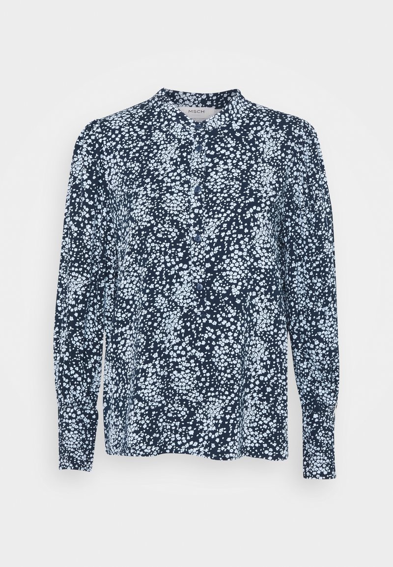 Mörkblå långärmad skjorta med ett blommönster i ljusblått, med ståkrage och knappstängning fram.