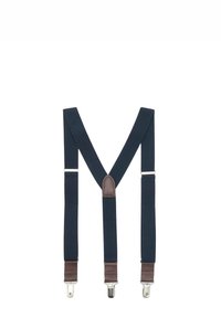 Braces in tessuto blu navy con dettagli in pelle marrone. Design a Y con clip metalliche per il fissaggio, caratterizzati da una finitura testurizzata.