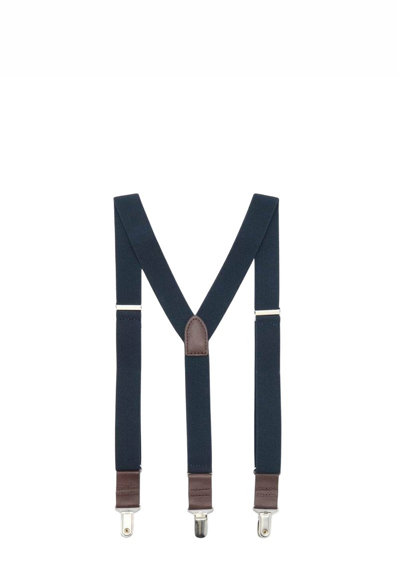 Braces in tessuto blu navy con dettagli in pelle marrone. Design a Y con clip metalliche per il fissaggio, caratterizzati da una finitura testurizzata.