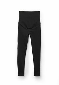 Leggings negros con una cintura alta, hechos de un material elástico. Textura suave, forma ajustada y sin patrones ni adornos visibles.