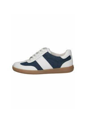 Sneakers with a white leather upper, navy denim accents, and a gum rubber sole. Features a lace-up closure and zigzag detailing.