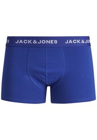 Blaue Boxershorts aus weichem Baumwollstoff mit enganliegendem Schnitt. Mit einem weißen elastischen Bund, auf dem das Logo "JACK & JONES" aufgedruckt ist.