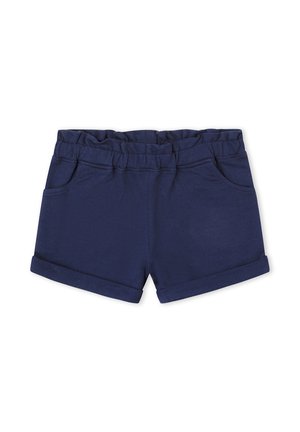 Pantalones cortos para niños pequeños de color azul marino con cintura elástica, bolsillos delanteros y bajos doblados sobre un fondo blanco.