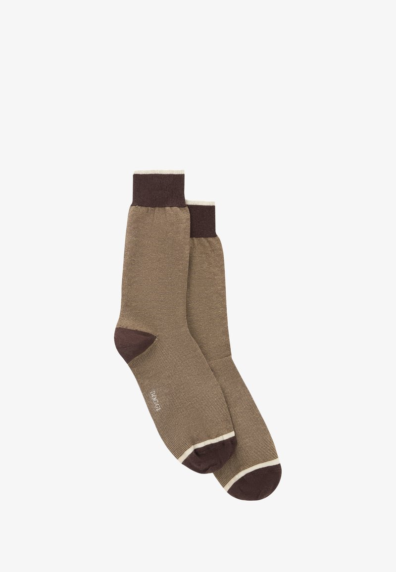 Paire de chaussettes mi-mollet rayées marron et beige avec talon, pointe et bord-côte marron foncé, posées à plat sur un fond blanc.