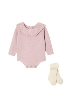 Pink knitted bodysuit with a floral-patterned collar and snap buttons at the bottom, accompanied by ivory cotton socks.