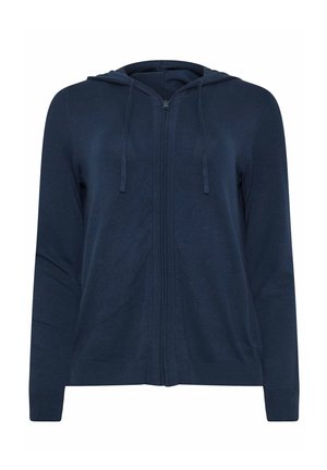 Navyblauwe hoodie met ritssluiting, lange mouwen, voorzakken en koordjes aan de capuchon, weergegeven op een witte achtergrond.