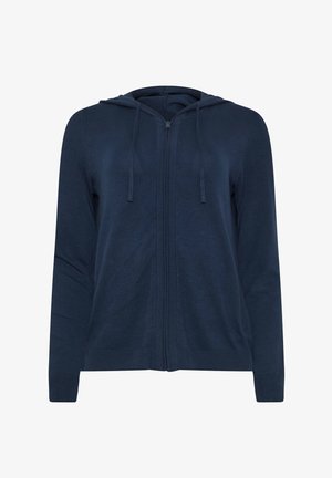Navyblauwe hoodie met ritssluiting, lange mouwen, voorzakken en koordjes aan de capuchon, weergegeven op een witte achtergrond.