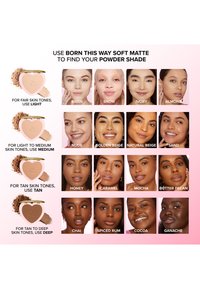 Compact heart-shaped powder compact with a gold clasp. Includes swatches on diverse skin tones labeled by shades, against a soft pink background.