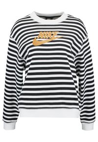 Svart och vit randig sweatshirt med en guld Nike-logotyp över bröstet, ribbat krage och manschetter, i en avslappnad passform.