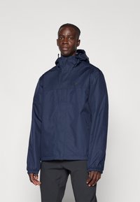 Marinevandsafvisende jakke med hætte, der har en frontlynlås, elastiske manchetter og sidelommer. Glat overflade med et minimalistisk design.