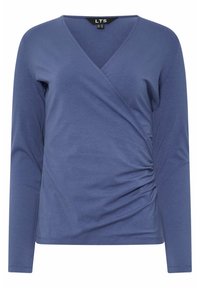 Maglietta blu a maniche lunghe realizzata in tessuto morbido, con design avvolgente. Presenta una scollatura a V e un dettaglio arricciato sul lato.
