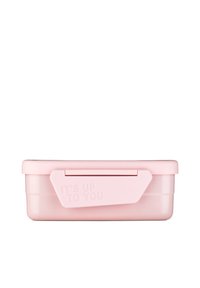 Rosa Plastikaufbewahrungsbox mit Scharnierdeckel und Griff; geprägter Text lautet "ES HÄNGT VON DIR AB." Glatte Oberfläche, rechteckige Form.
