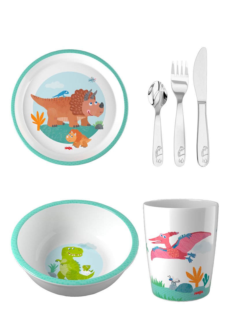 Dino-thema servies set, inclusief een bord, kom, beker en roestvrijstalen bestek. Kenmerkt heldere kleuren en speelse illustraties.