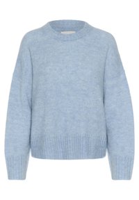Pull en tricot bleu clair avec un ourlet et des poignets côtelés, doté d'un col rond et de manches amples, fabriqué à partir de matériau doux.