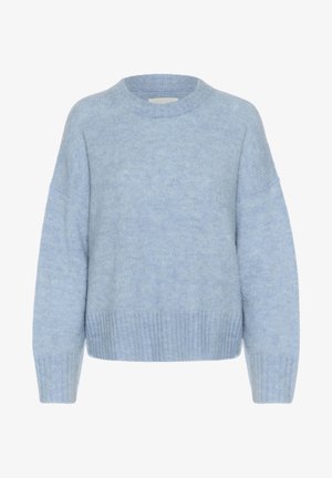 Pull en tricot bleu clair avec un ourlet et des poignets côtelés, doté d'un col rond et de manches amples, fabriqué à partir de matériau doux.