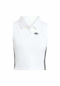 Biała bezrękawnikowa koszulka polo wykonana z gładkiej tkaniny, z klasycznym kołnierzykiem, z czarnym logo adidas i czarnymi pasami bocznymi.
