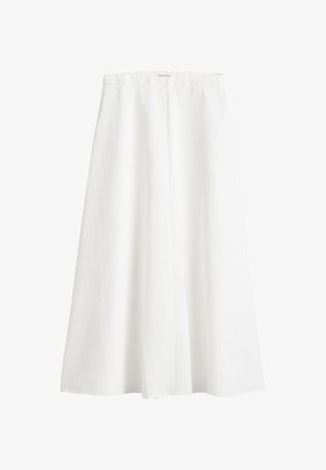 Witte linnen midi-rok met een uitlopende vorm, subtiele textuur en een naad die verticaal van de tailleband naar de zoom loopt.
