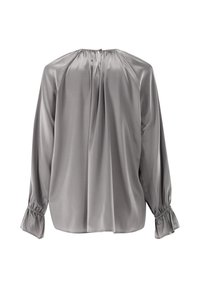 Graue Satinbluse mit langen Ärmeln, gerafftem Halsauschnitt und elastischen Bündchen sowie einem gefalteten Rückendesign. Glatte Textur in der gesamten Bluse.